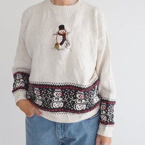 Vintage Chelsea Gardens Ivory Snowman Fair Isle Holiday Sweater Grandmacore L